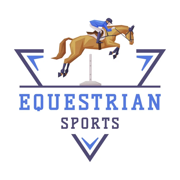 Design de Logo de Esportes Equestres, Jockey Riding with Jumping Horse, Derby, Etiqueta de Torneio, Ilustração de Vetor Emblema —  Vetores de Stock