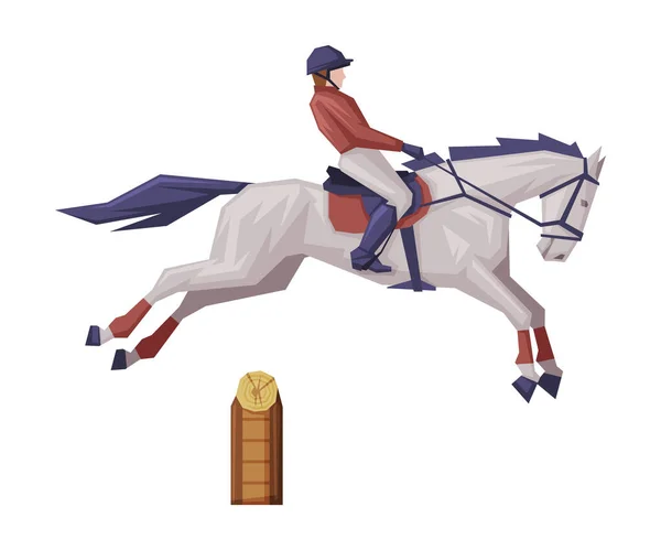 Fantino che salta su cavallo da corsa, derby, illustrazione vettoriale dello sport equestre — Vettoriale Stock