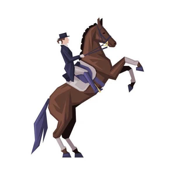 競馬場でのジョッキー乗馬、馬ベクトルイラストでジャンプするヴィンテージスタイルの服の男 — ストックベクタ