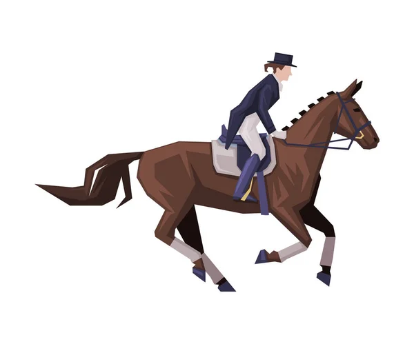 Jockey Riding on Racing Horse, Man Rider Competing in Dressage Vector Illustration — Stock Vector