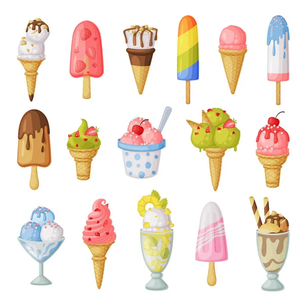 Ice Creams Set, Sweet Tasty Desserts, Different Flavors, Cones, Sprinkles, Toppings Collection Cartoon Vector Illustration — Stock Vector
