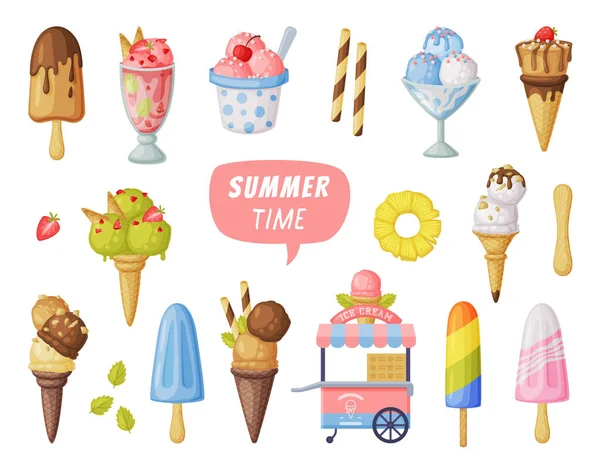 Surtido de helados y paletas, postres fríos coloridos sabrosos dulces Set ilustración vectorial de dibujos animados — Vector de stock