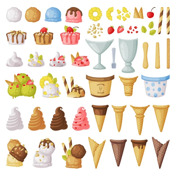 Конструктор мороженого большой набор, свежие холодные сладкие вкусные десерты Мультфильм вектор иллюстрация — стоковый вектор