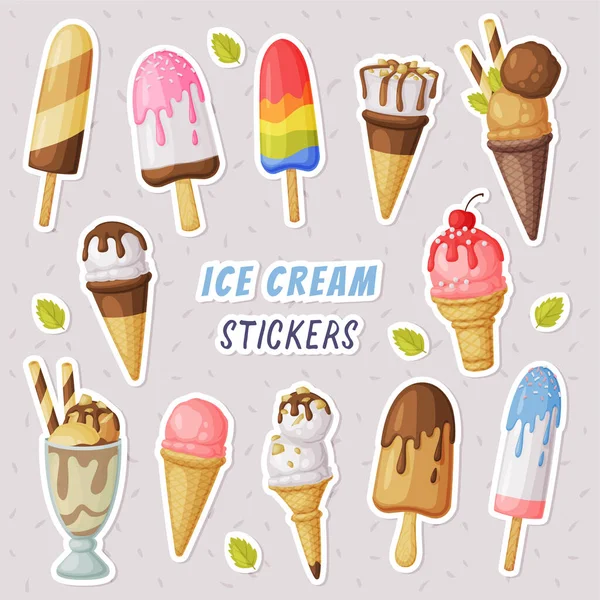 Ice Cream and Popsicle Stickers Set, Sweet Tasty Colorful Cold Desserts Labels Cartoon Vector Illustration — Stock Vector