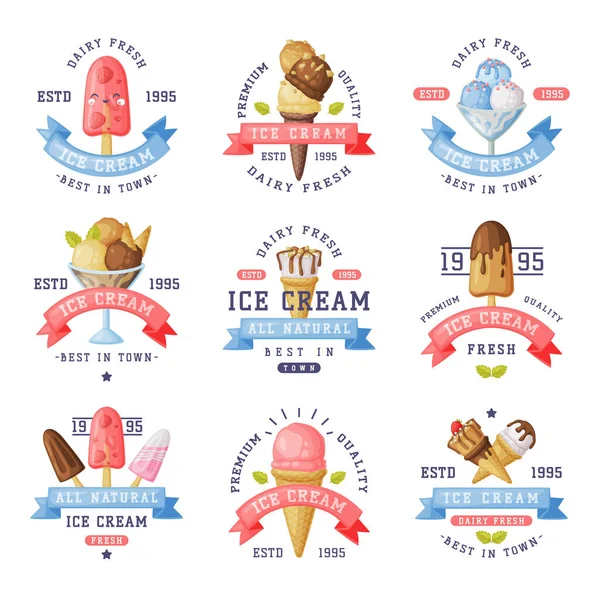 Ice Cream Logo Design Collection, Najlepsze świeże produkty mleczne Etykiety Cartoon Vector Ilustracja — Wektor stockowy