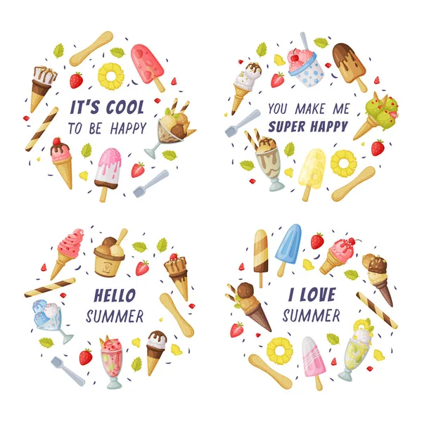 Ice Cream with Motivational Quotes Set, Summer Inspirujące plakat, Projekt karty wektor ilustracji — Wektor stockowy