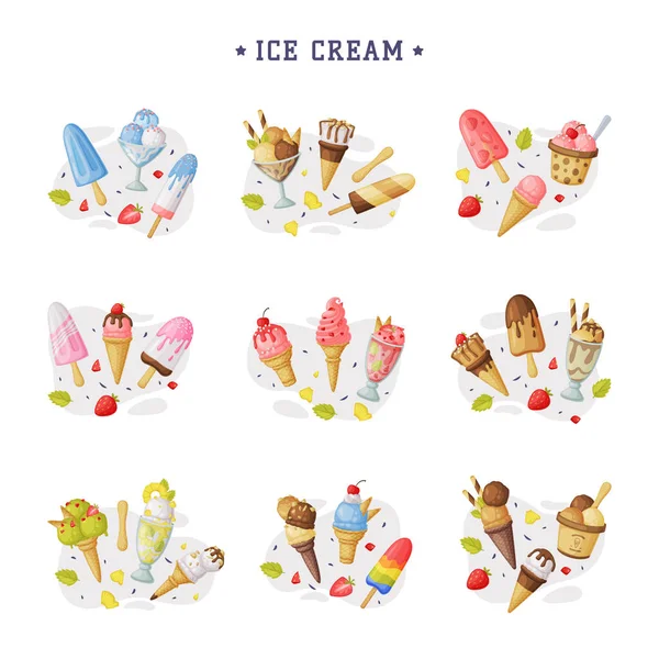 Παγωτό Σετ, κρύο γλυκό νόστιμα γλυκά των διαφόρων γεύσεων Cartoon Vector Εικονογράφηση — Διανυσματικό Αρχείο