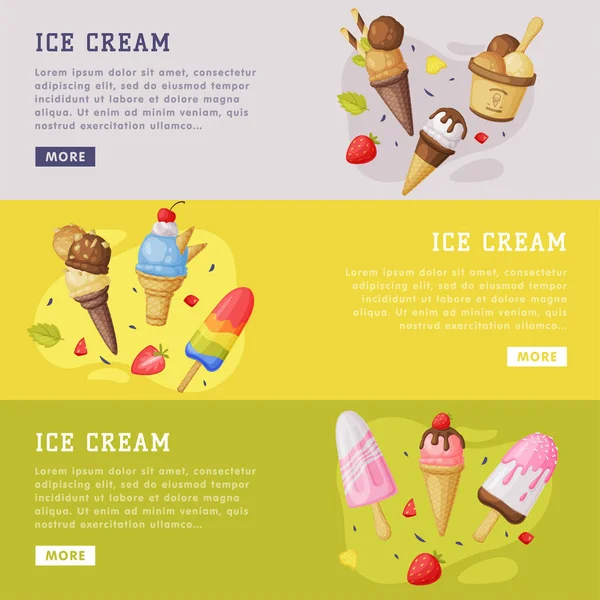 Ice Cream Landing Page Templates Set, Cold Summer Tasty Desserts of Different Flavors Horizontal Web Banners Cartoon Vector Illustration — Stock Vector