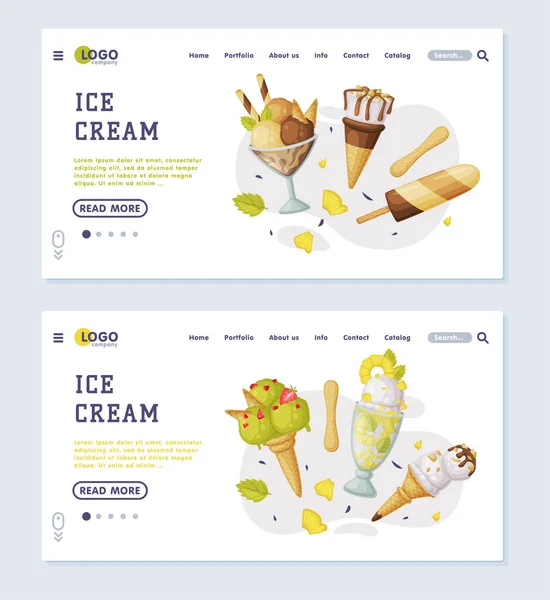 Ice Cream Landing Page Set, Cold Summer Tasty Desserts Menu Web Page Cartoon Vector Illustration — Stock Vector