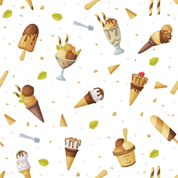 Ice Cream Seamless Pattern, Fresh Cold Summer Tasty Desserts Background, Wallpaper, Textile, Packaging Design Cartoon Vector Illustration — Stock Vector