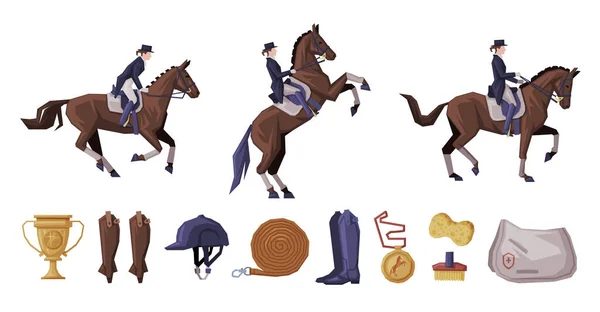 People Riding Horses Set, Equestrian Sport Equipment, Horse Riding Essentials and Grooming Tools Vector Illustration — Stock Vector