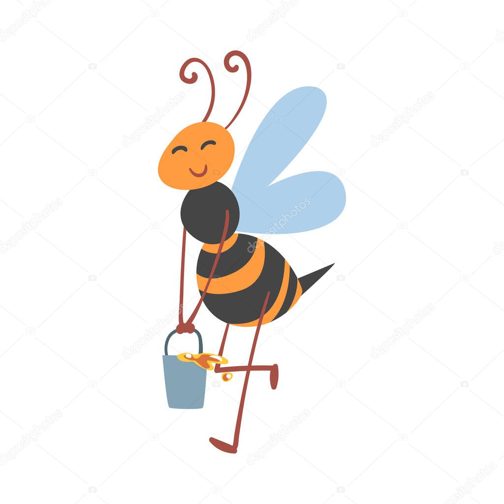 Cute Bee Carrying Honey Bucket, Funny Insect Character Cartoon Vector Illustration