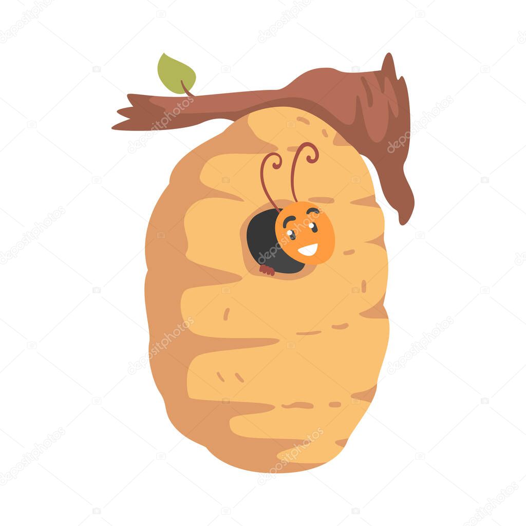 Cute Bee Peeking Out of the Hive Cartoon Vector Illustration