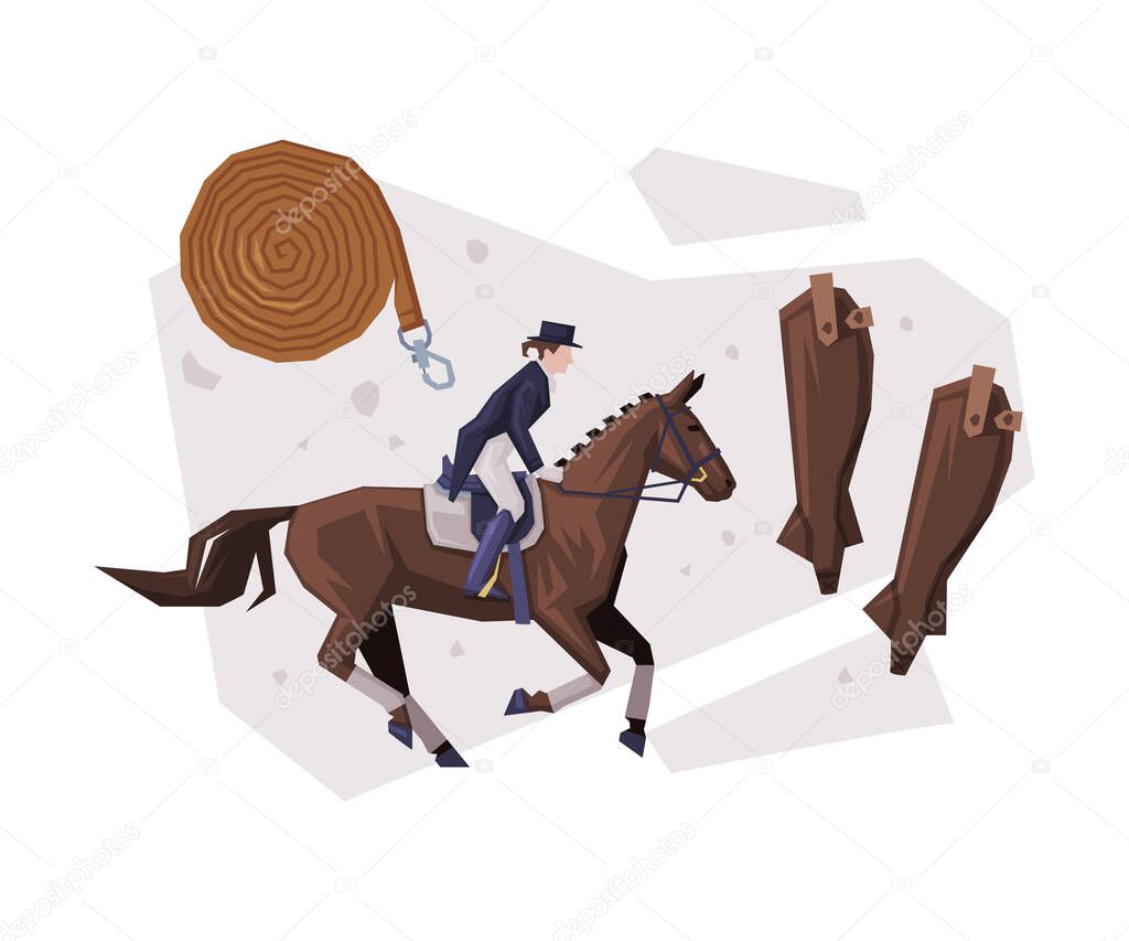 Man Rider Competing in Dressage, Equestrian Sport Equipment Vector Illustration