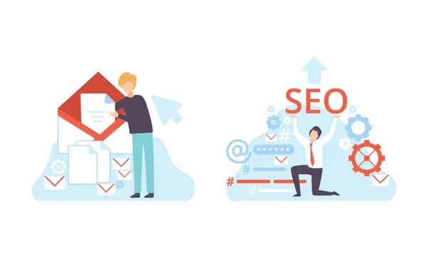 SEO Optimizasyon, Dijital İçerik Teknolojisi Süreci, Sosyal Medya Pazarlama Düz Vektör İllüstrasyonu Üzerinde Çalışan İnsanlar — Stok Vektör