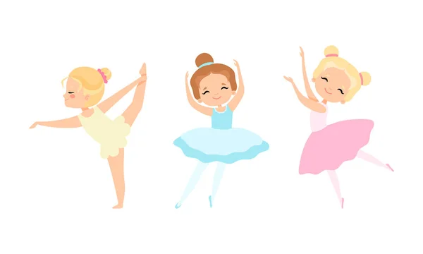 Adorável pouco bailarinas dança conjunto, bonito meninas treinamento vestindo Tutu vestido Cartoon Vector Ilustração — Vetor de Stock