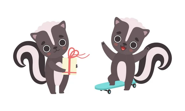 Adorable Badger Activities Set, Cute Baby Animal Character Riding Skateboard and Celebrating Birthday Cartoon Vector Illustration — Stock Vector