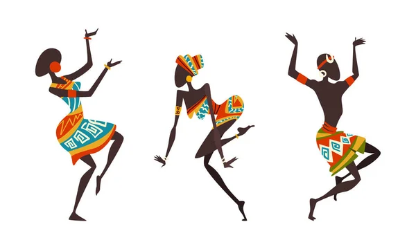 Set van Afrikaanse Mensen Dansende Etnische Dansset, Aboriginals in Heldere Traditionele Kleding Uitvoerend Rituele Dans Tekenfilm Vector Illustratie — Stockvector