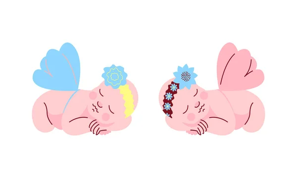 Conjunto de bebés recién nacidos lindos con alas durmiendo en aislado sobre fondo blanco — Vector de stock