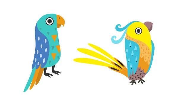 Set of Bright Colorful Exotic Tropical Birds Cartoon Vector Illustration — Stock Vector