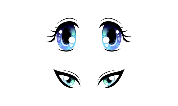 Beautiful Expressive Blue Eyes with Shiny Light Reflections Set Cartoon Vector Illustration - Stok Vektor
