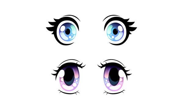 Hermosos ojos azules y violetas con reflexiones de luz brillante, lindos ojos expresivos en anime estilo manga ilustración vectorial de dibujos animados — Archivo Imágenes Vectoriales