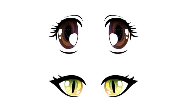 Beautiful Brown and Green Eyes with Shiny Light Reflections Set, Cute Expressive Eyes in Anime Manga Style Cartoon Vector Illustration — Stock Vector