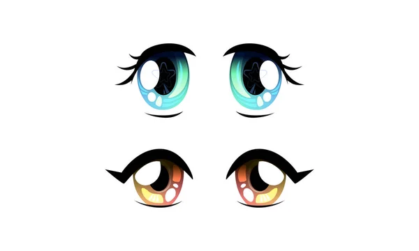 Set of Beautiful Eyes with Shiny Light Reflections in Anime Manga Style Cartoon Vector Illustration — Stock Vector
