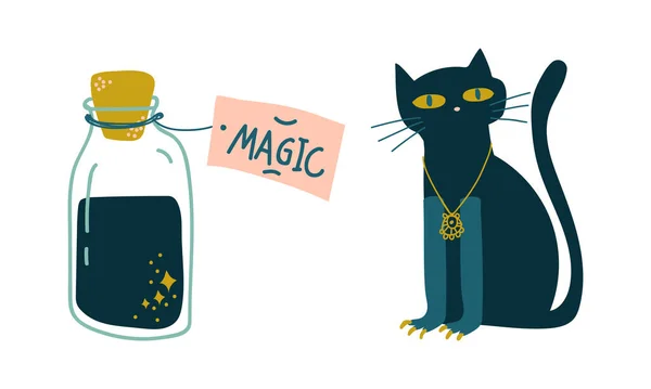 Black Cat and Corked Glass Jar with Potion as Witchcraft Object for Spells and Performing Magical Rituals Vector Set — Stock Vector