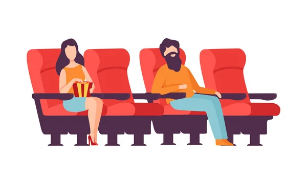 Férfi és nő ül a moziban vagy moziban Film megtekintése szórakoztató Vektor illusztráció — Stock Vector