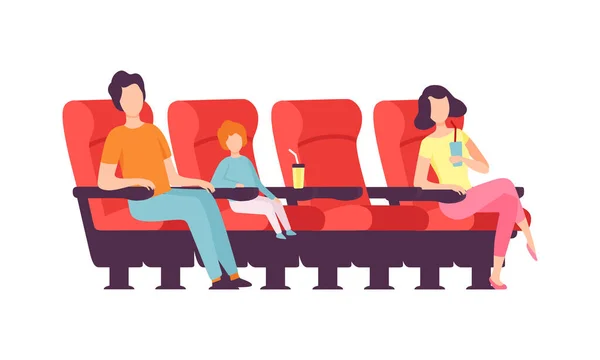 Férfi gyerek és nő ül a moziban vagy moziban Film megtekintése szórakoztató Vektor illusztráció — Stock Vector