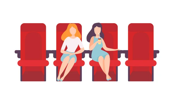 Woman Sitting in Cinema or Movie Theater Viewing Film for Entertainment Vector Illustration — Stock Vector