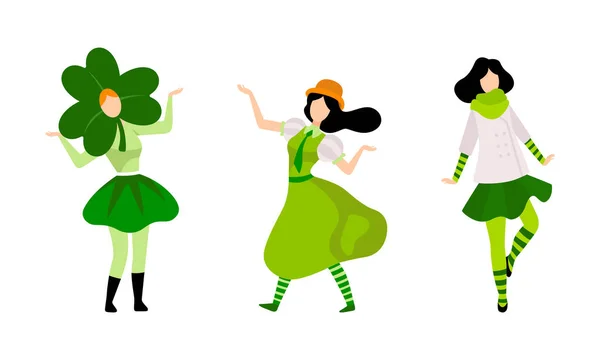 Set of Happy Young Women in Green Irish National Dress and Hat, Saint Patrick s Day Holiday Celebration Cartoon Vector Illustration — Stock Vector