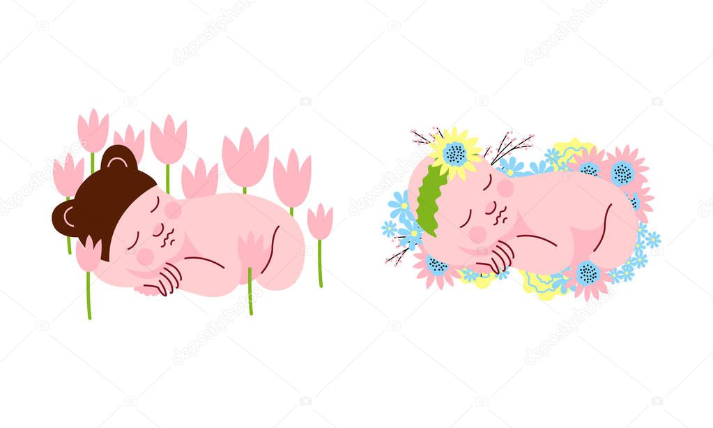 Cute Lovely Newborn Babies Sleeping in Spring Flowers Set Cartoon Vector Illustration