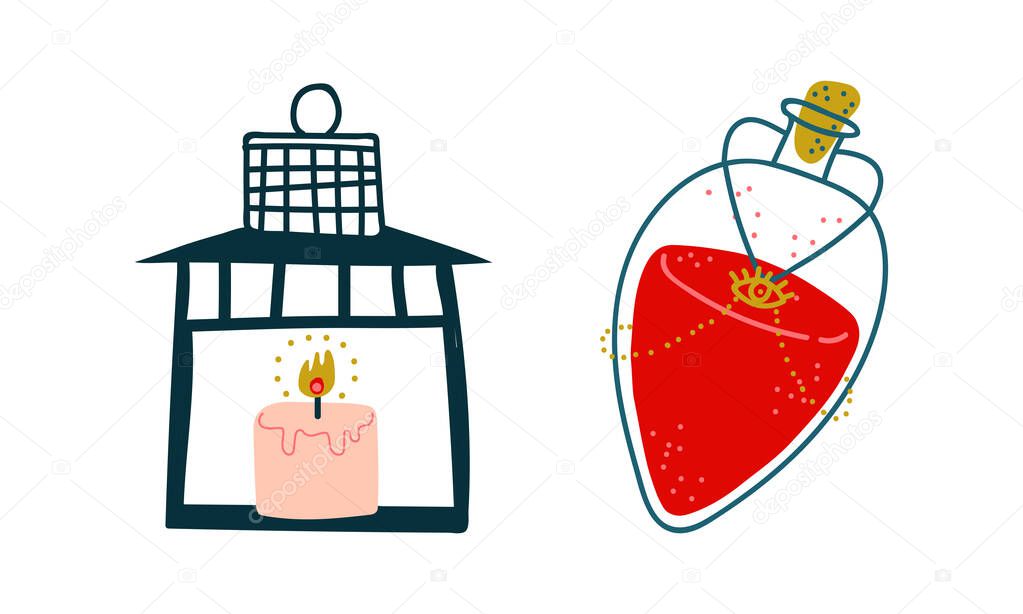 Lantern with Candle and Corked Jar with Potion as Witchcraft Object for Spells and Performing Magical Rituals Vector Set