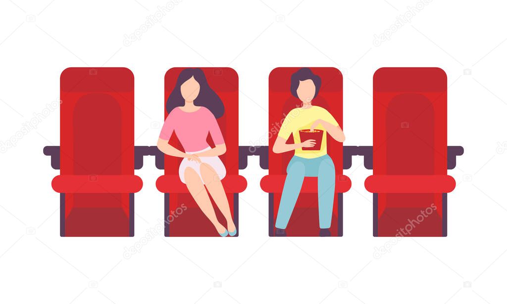 Man and Woman Couple Sitting in Cinema or Movie Theater Viewing Film for Entertainment Vector Illustration