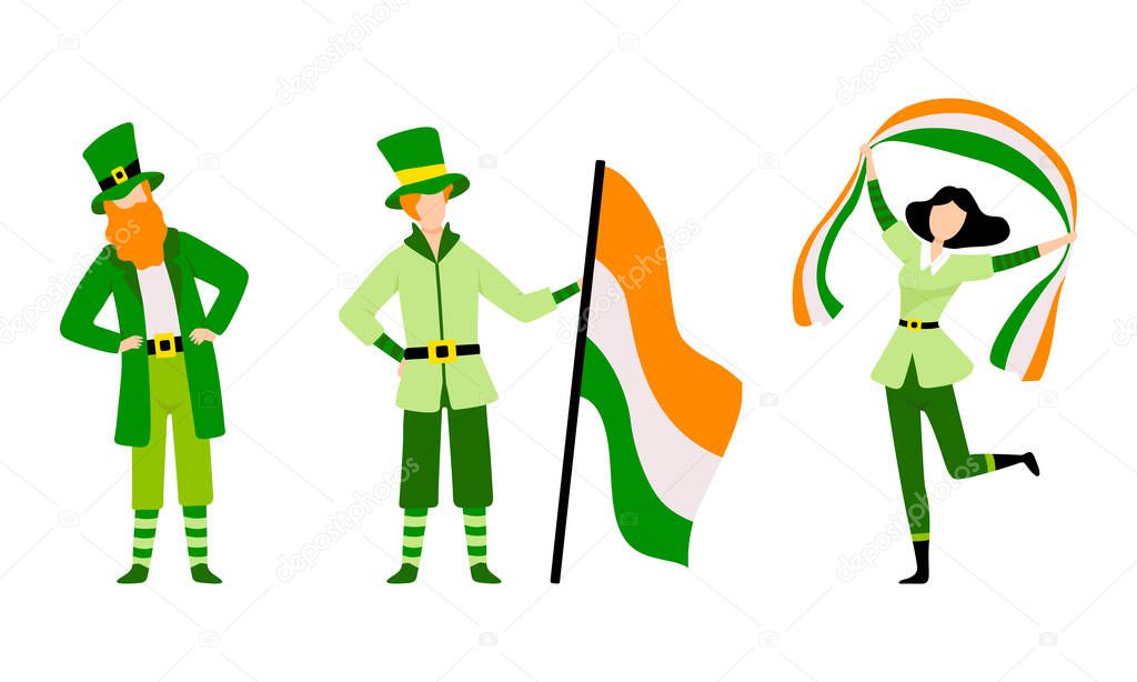 Set of Happy People in Green Irish National Costumes, Saint Patrick s Day Celebrating Holiday with Irish Flag Cartoon Vector Illustration