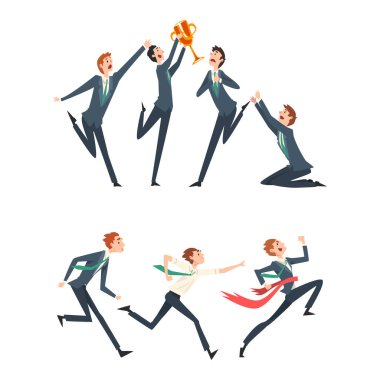 İş Yarışması ve Erkek Koşu Maratonu ve Kazanç Ödülü Vektörü Set ile Rekabet