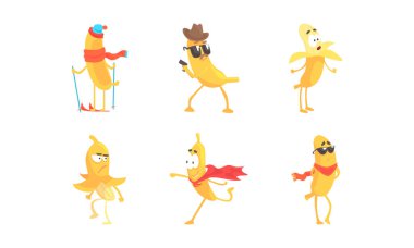 Şirin İnsanlaştırılmış Muz Kayağı ve Süper Kahraman Görünmezlik Vektörü Takımları