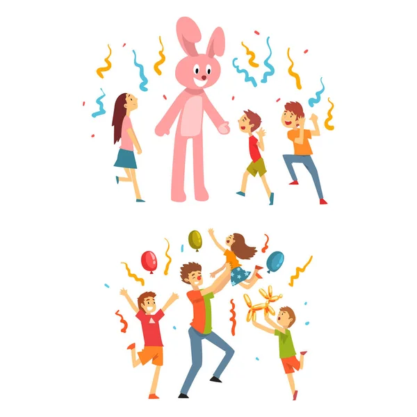 Actor o animador de fiesta que usa el disfraz de conejo y payaso jugando con el conjunto de vectores para niños — Archivo Imágenes Vectoriales
