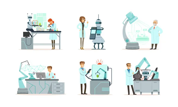 Personaje científico de las personas en el laboratorio de innovación que lleva a cabo el experimento con el conjunto de vectores de asistencia robótica — Vector de stock