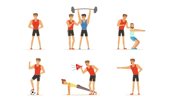 Personal Gym Coach or Instructor Training People Characters Vector Set — Stock Vector