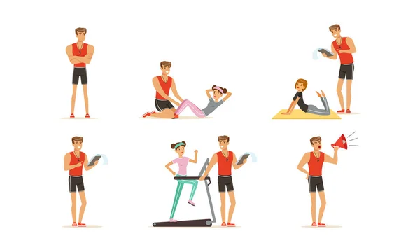 Personal Gym Coach or Instructor Training People Characters Vector Set — Stock Vector