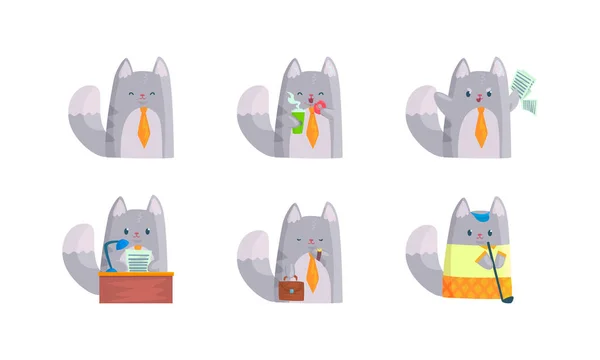 Šedá kočka podnikatel postava v kravatě jíst koblihu a hrát golf vektor set — Stockový vektor