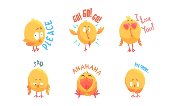 Cute Comic Yellow Chick Character Showing Different Emotion Vector Set — Stock Vector