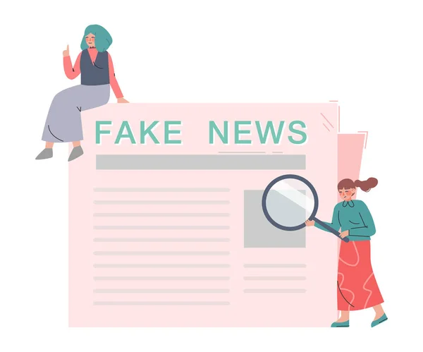 Fake News, People Reading Newspaper, Different Opinions of Facts Cartoon Vector Illustration — Stock Vector