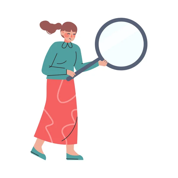 Mujer buscando información falsa a través de lupa, Noticias falsas, Desinformación Dibujos animados Vector Ilustración — Vector de stock