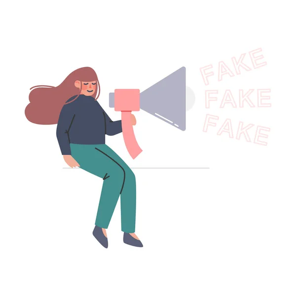 Falso concepto de noticias y desinformación, mujer con altavoz que difunde información falsa ilustración vectorial de dibujos animados — Vector de stock