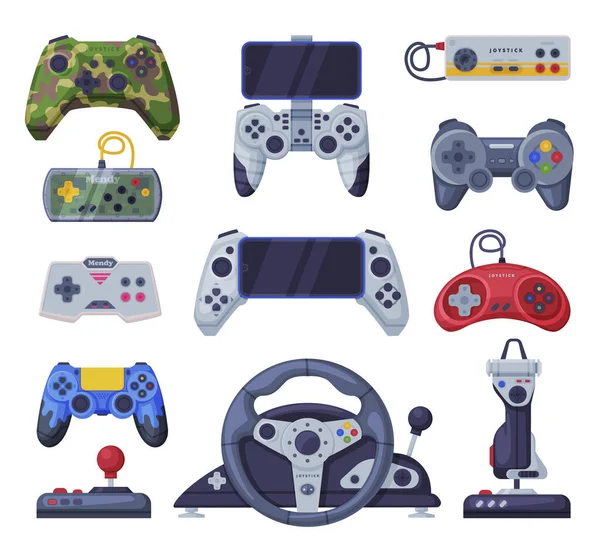 Набор контроллеров игровых консолей, векторная иллюстрация векторов устройств для игроков видеоигр — стоковый вектор