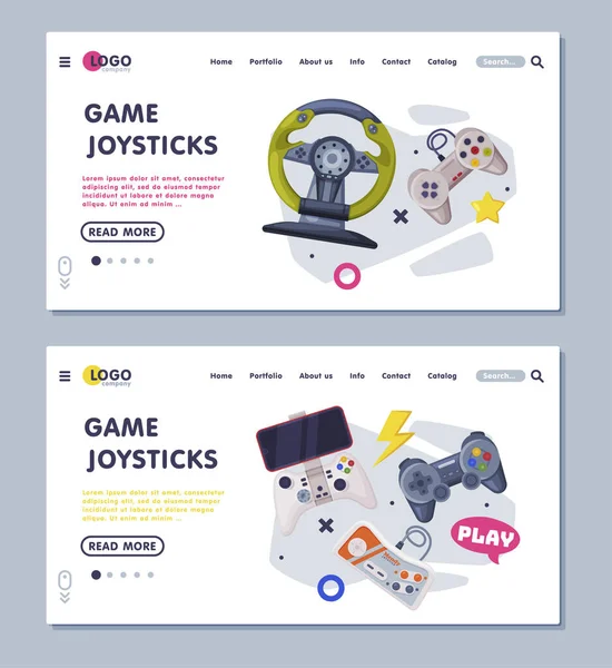 Game Joystick Landning Sida Mallar Set, Gamepads Controller Konsoler Web Banners, Hemsida Design, Gaming Industry Concept Vector Illustration — Stock vektor